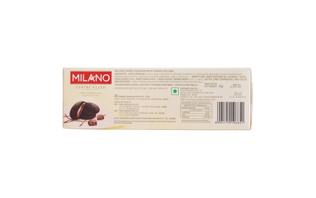 Parle Milano Centre Filled Dark Cookies With Choco Fillings   Box  75 grams